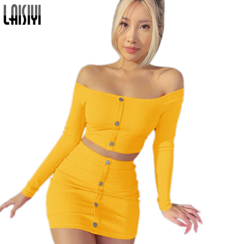 Летние новые комплекты LAISIYI 2019 короткий топ с открытыми плечами и длинным рукавом