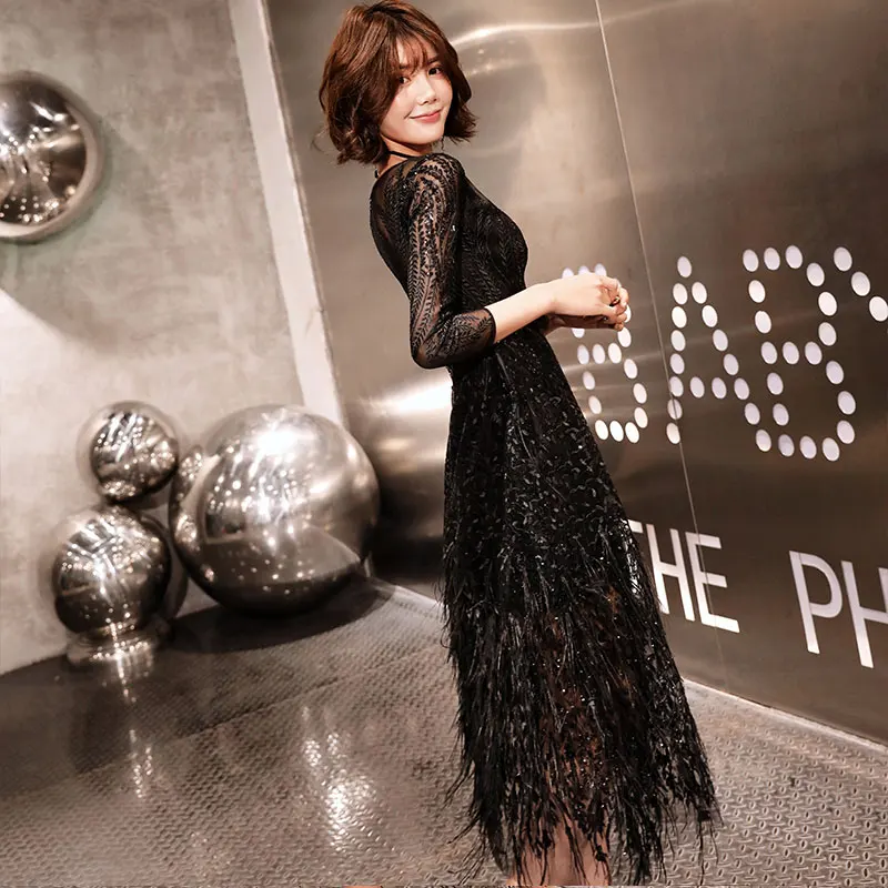 AE651 стиль, серое вечернее платье длиной до середины икры,, перья, формальное платье для выпускного вечера, ТРАПЕЦИЕВИДНОЕ модное Черное вечернее платье - Цвет: Черный