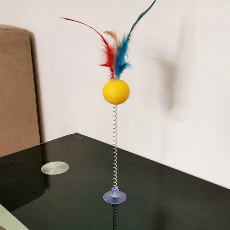 Интерактивные забавные игрушки для кошек, металлическая проволока, пружинный цвет, перо, с шариком, удочки для котов, игрушка, устойчивая подставка на присоске, пружинная палочка, игрушки для домашних животных