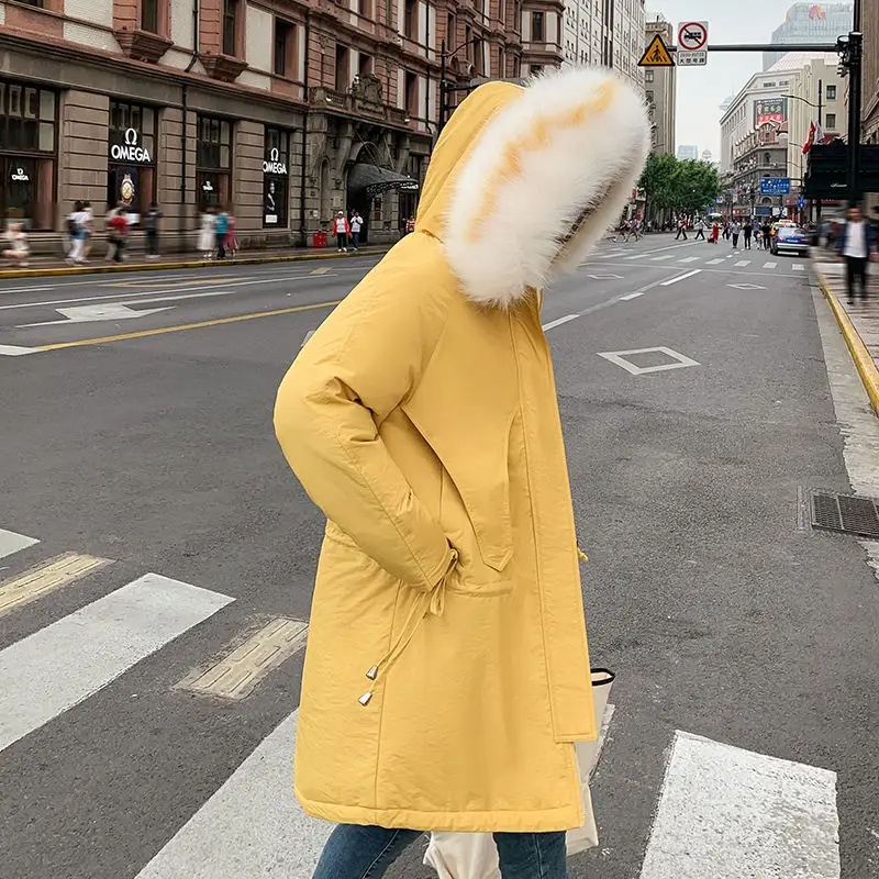 Vangull Women Winter Coat Big Fur collar Hooded Velvet Jacket Parka Loose Long Sleeve Thick Outerwear Adjustable belt Long Coat