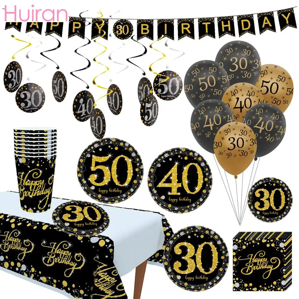 HUIRAN Черное золото для взрослых 30th 40th 50th День Рождения украшения принадлежности 30