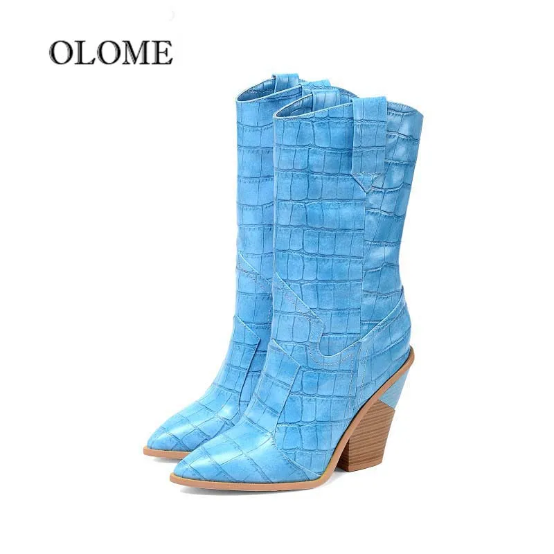 

Fashion Botines Mujer2019Leather Stone Pattern Chunky Wedges Boots Runway Pointed Toe Western Cowboy Winter Mid-Calf Boots Women