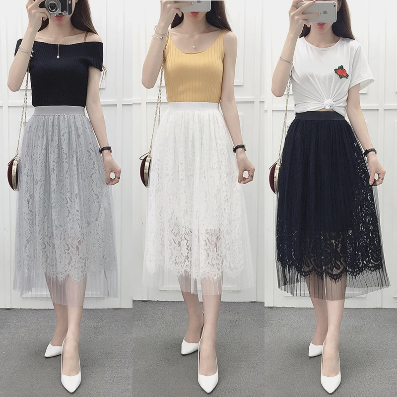 Новинка, плиссированная кружевная юбка-одуванчик, юбка-Одуванчик, юбка-Одуванчик, белая сетчатая длинная юбка