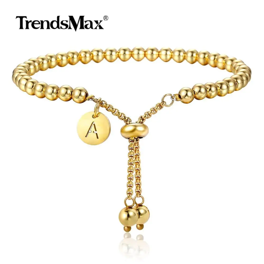 Trendsmax, 5 мм, позолоченный бисерный браслет для женщин, начальная буква, A-Z, Браслет-Шарм, нержавеющая сталь, регулируемые ювелирные изделия, DB255