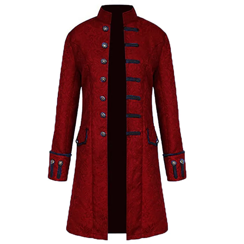 Мужская винтажная длинная куртка в стиле стимпанк, жаккардовый Блейзер со стоячим воротником, верхняя одежда, костюм для косплея на Хэллоуин - Цвет: Бургундия