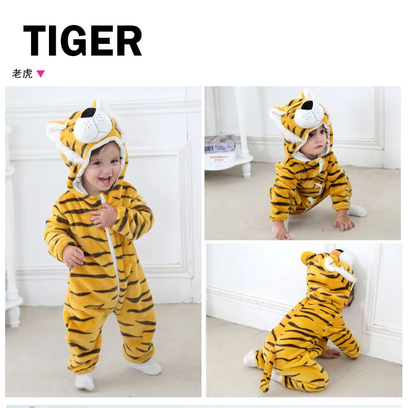tiger Милые детские пижамы домашние теплые мягкие фланелевые детские ползунки костюм Тигр утка Панда косплей одежда для сна - Цвет: tiger