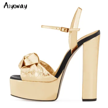 

Aiyoway Gold PU Leather Platform Chunky High Heel Sandals Women Silver Sexy Peep Toe Knot Dress Ladies Summer Shoes