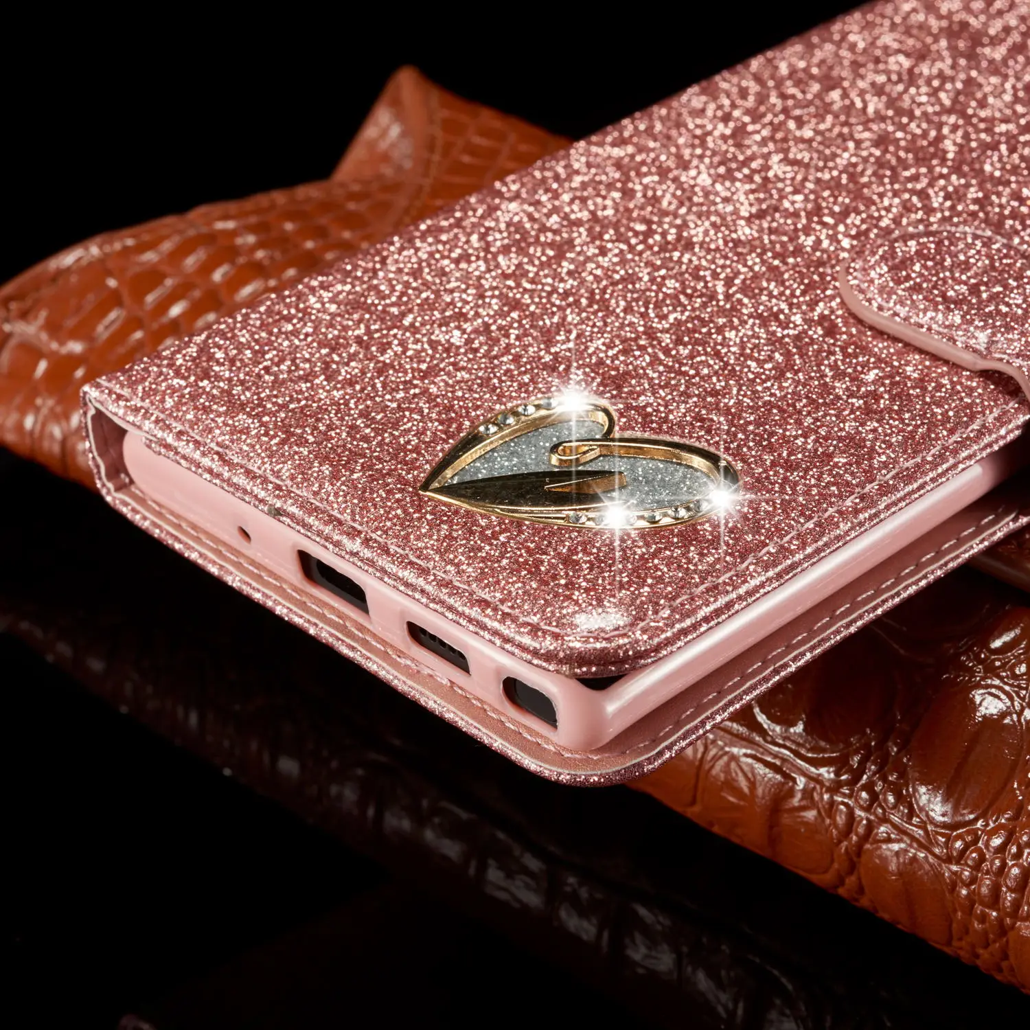 Mobile Phone Case Luxury Wallet PU Leather Phone Shape Of Love Glitter Case Back Shell For Samsung Note 10 Pro