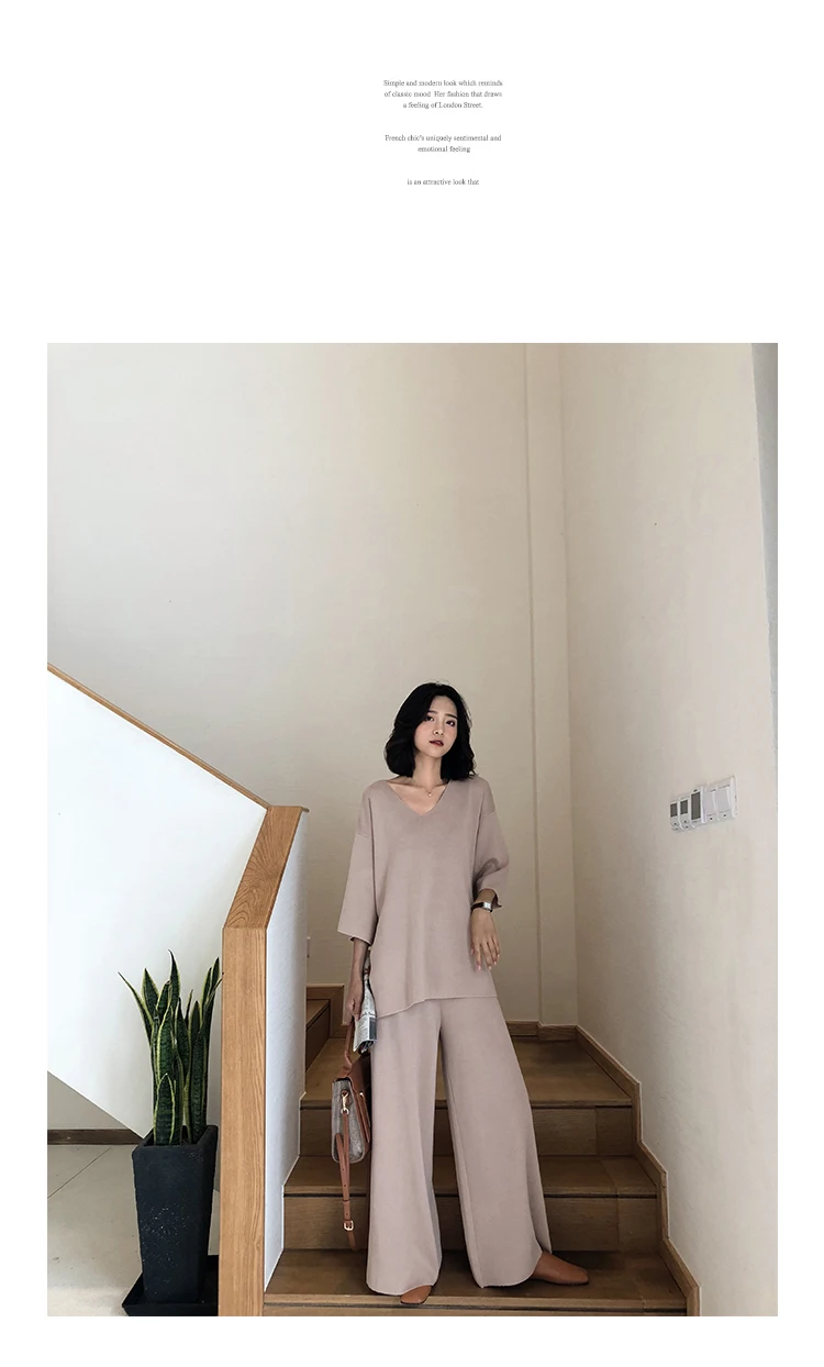 Knitting Female Sweater Pantsuit For Women Two Piece Set Knitted Pullover V-neck Long Sleeve Bandage Top Wide Leg Pants  Suit