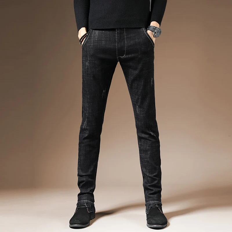 Новое поступление высококачественные повседневные тонкие эластичные черные джинсы мужские, мужские узкие брюки, обтягивающие мужские джинсы