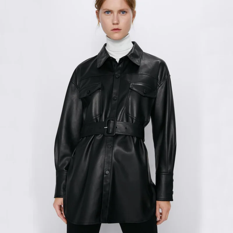 Fandy lokar пальто из искусственной кожи, женские модные тонкие куртки из искусственной кожи, женские элегантные куртки с поясом, карманами на талии и кнопках, пальто для женщин, женские IP - Цвет: ZRJK1766