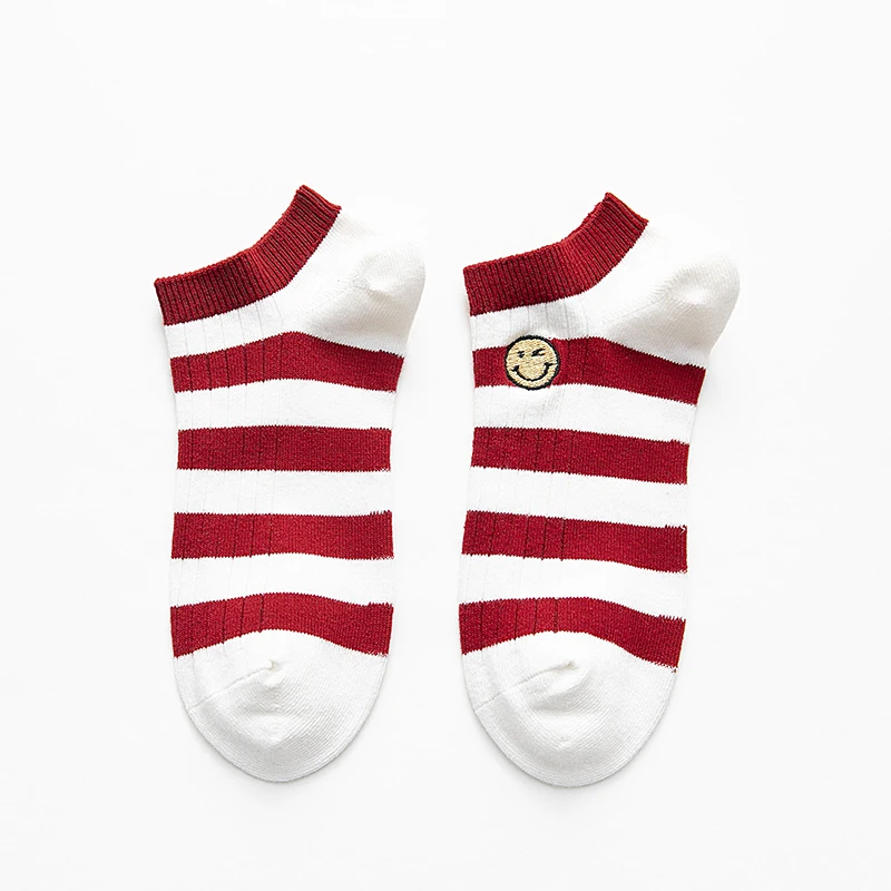 

Cotton Women Striped Sock Smiley Embroidery Female Casual Non-slip Low Cut Socks Breathable Ankle Patchwork Boat Socks