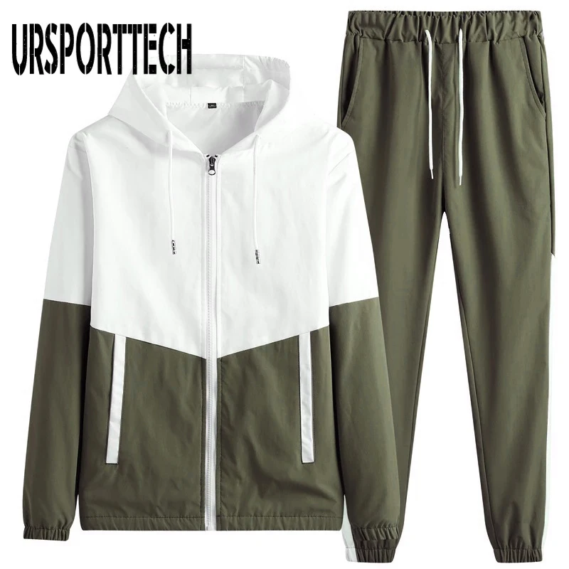 URSPORTTECH Tracksuit Men Set Spring Patchwork Hoodie Jacket + Trousers Male Tracksuit Sportswear Workout Gym Suit Man Clothing