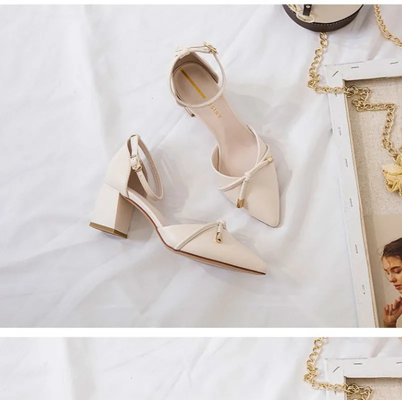 

Shoes Woman Square Hight Heels Pointed Toe Solid Flock Pumps Female Casual Sandals Ankle Straps Sexy Wedding Party Shoe Y22-13