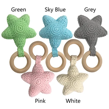 

Crochet Knitted Star Baby Teether DIY Kids Chewable Wooden Ring Pendant Baby Teether Props Hanging for Baby Teether