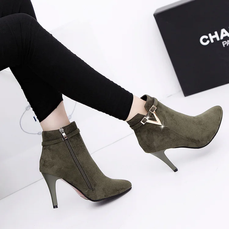Winter Europe and America ladies high heel boots leather slip solid color pointed side zipper Chelsea boots Short boots - Цвет: green Suede