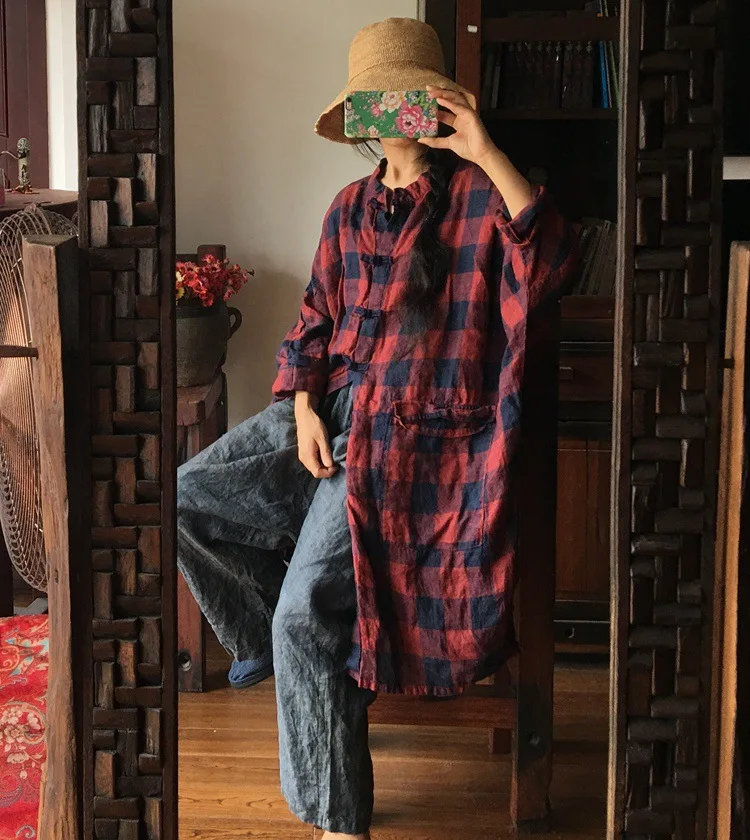 

2019 Spring luo gu ni Origional Washing Pure Linen Loose-Fit Non-symmetrical Pocket Breasted Long Coat 1435