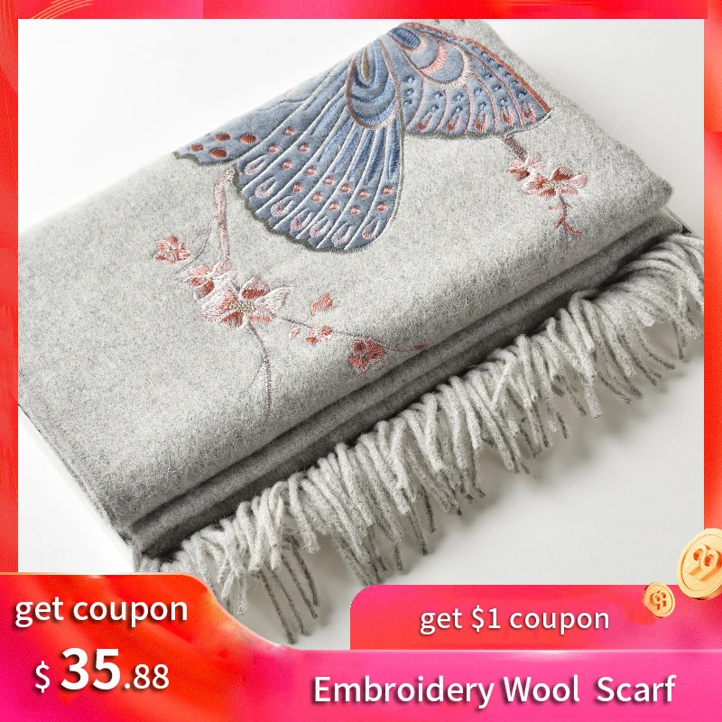Bride Bridesmaid Wool Scarf Winter Women Brand Butterfly Embroidery Shawls and Wraps for Ladies Pashmina Wool Scarves