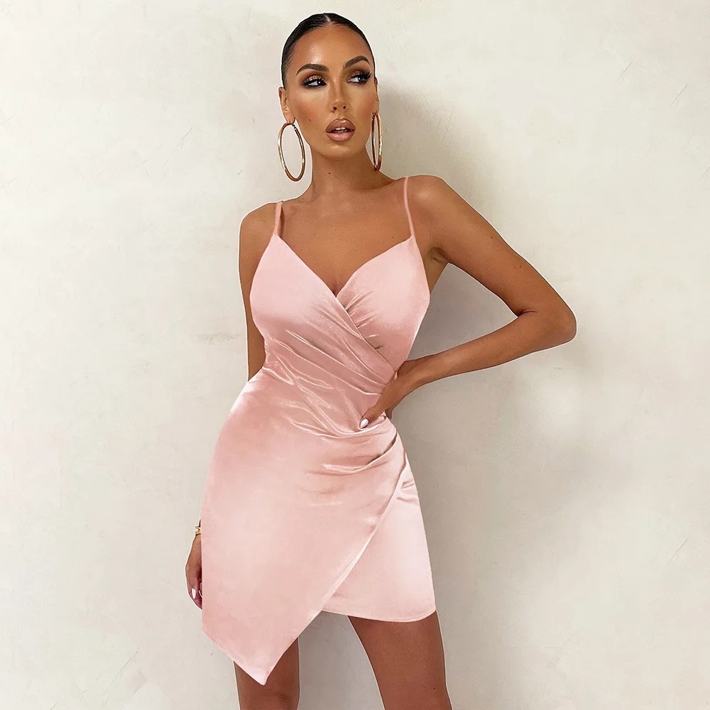 

SKMY 2021 New Women Clothing Solid Color Party Bodycon Short Dresses Fashion V-Neck Spaghetti Strap Dress Sexy Club Outfits