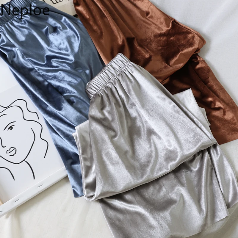 

Neploe Vintage Temperament Gold Velvet Wide Leg Pants Loose Mop Straight High Waist Long Capris Autumn Winter Trousers 46402