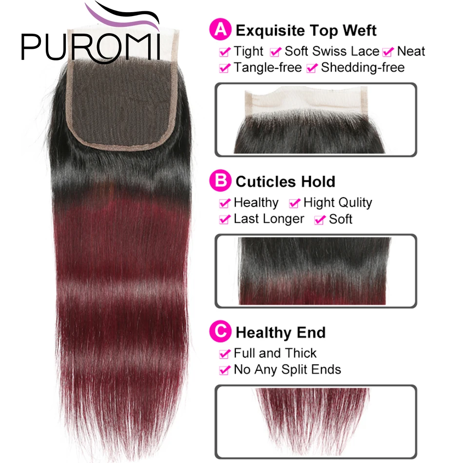 Puromi T1b/99j цветные пряди с закрытием, прямые волосы, не Реми, бразильские человеческие волосы, пряди с закрытием, вплетаемые волосы