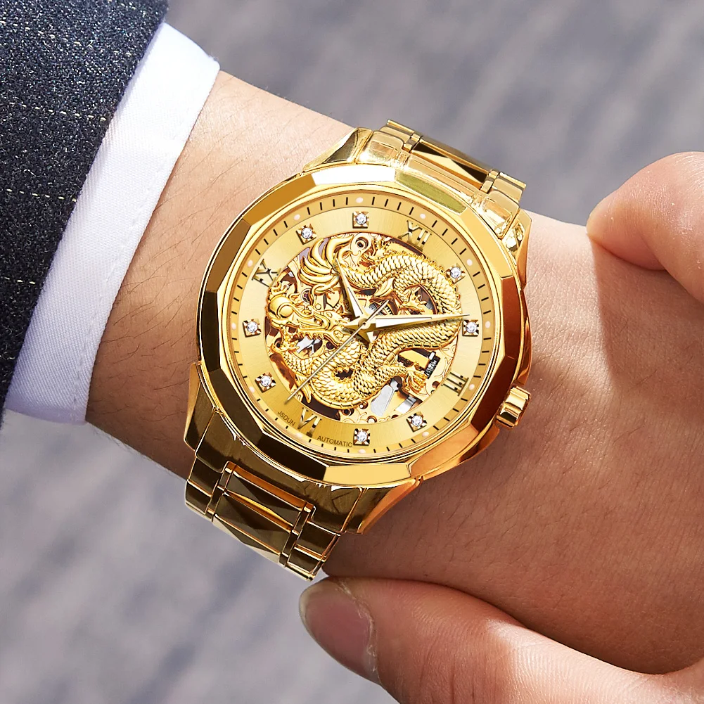 JSDUN Brand Luxury Automatic Mechanical Watches for Men Gold Dragon Watch Waterproof Fashion Unique Gift relogio masculino