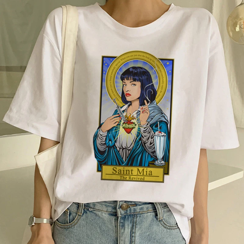 Женская футболка с забавным принтом из фильма Pulp fiction, Миа Харадзюку, Ulzzang, летняя футболка, модная Дева Мэри Миа, футболка, женские футболки