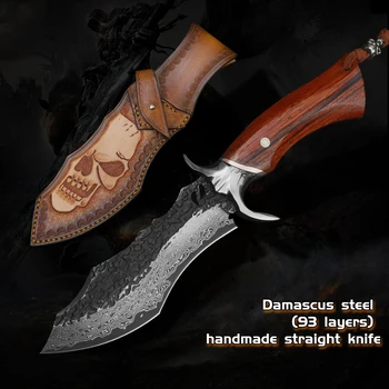 

Damascus 93 Layers Steel Hunting Knife With Sheath Handmade Fixed Blade Knife Dalbergia Wood Handle Outdoor Survival Knife Tool