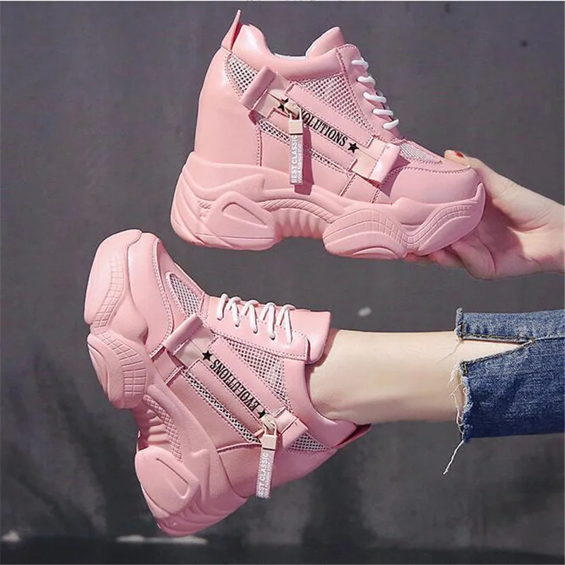 Harajuku Women Wedges Sport Shoes For Woman Increasing 11CM Chunky Dad Sneakers Ladies Breathable Mesh Platform