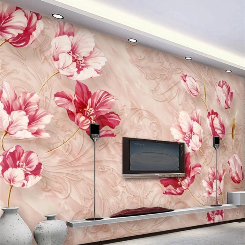 Beibehang-Marble-Embossed-Flower-Tulip-TV-Sofa-Wall-Custom-Large-Mural-Green-Wallpaper-papel-de-parede