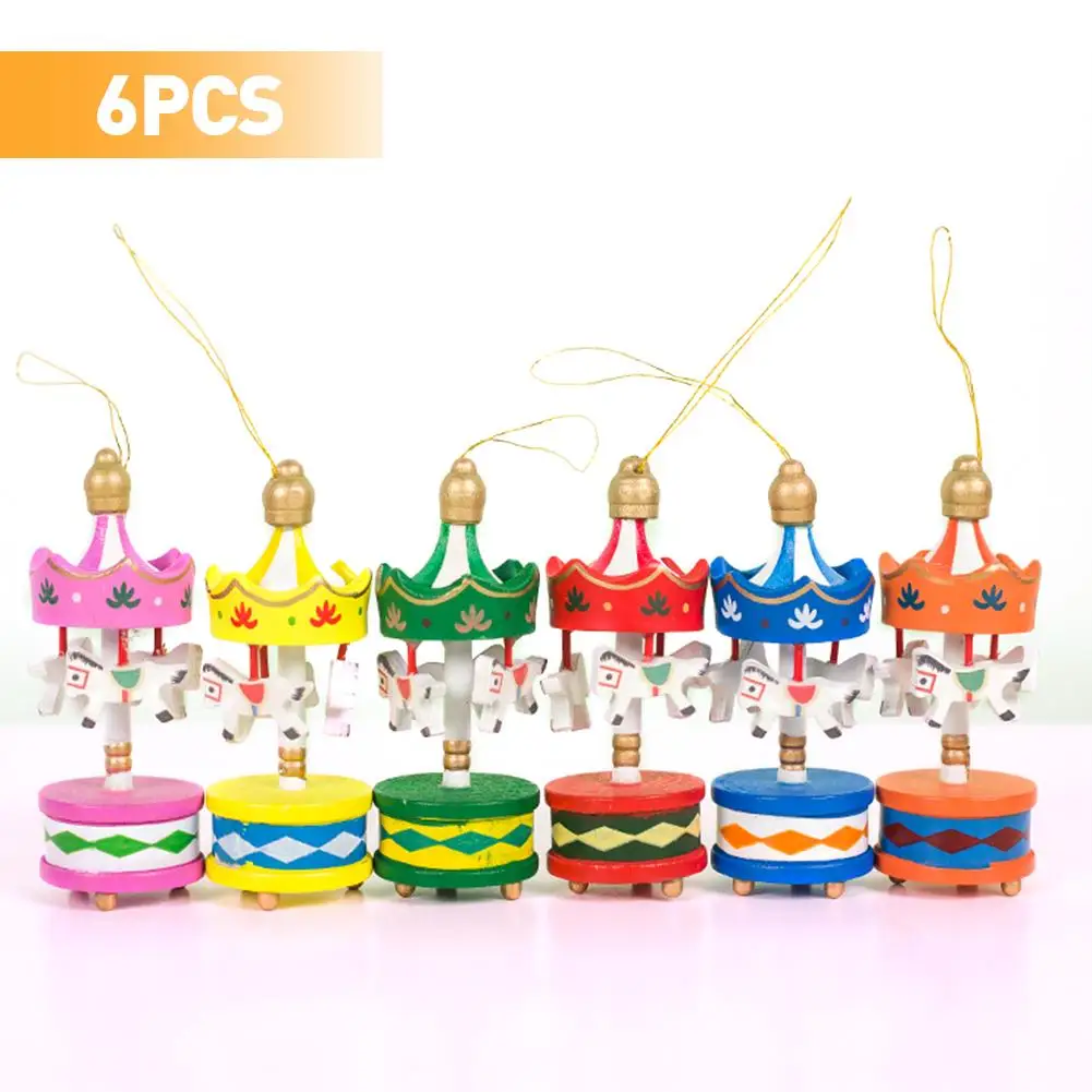 

6pcs Mini Wooden Carousel Decor Ornament Cute Christmas Tree Hanging Ornament Colorful Merry Xmas Gift For Kid Wall Door Pendant