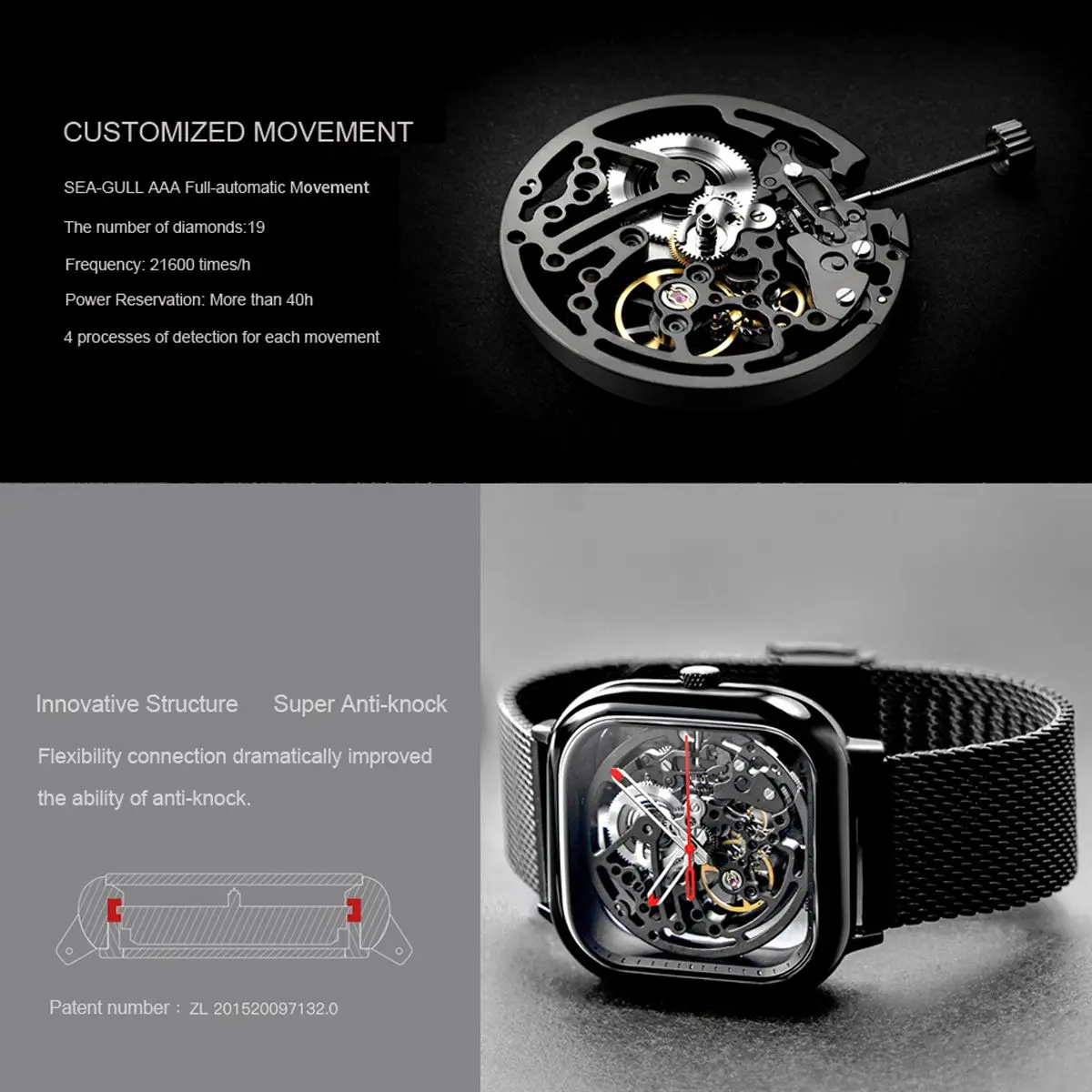 Ciga Design Top Design Ciga Watch Automatic Hollowing Mechanical Watch Fashion Square Mechanical-5