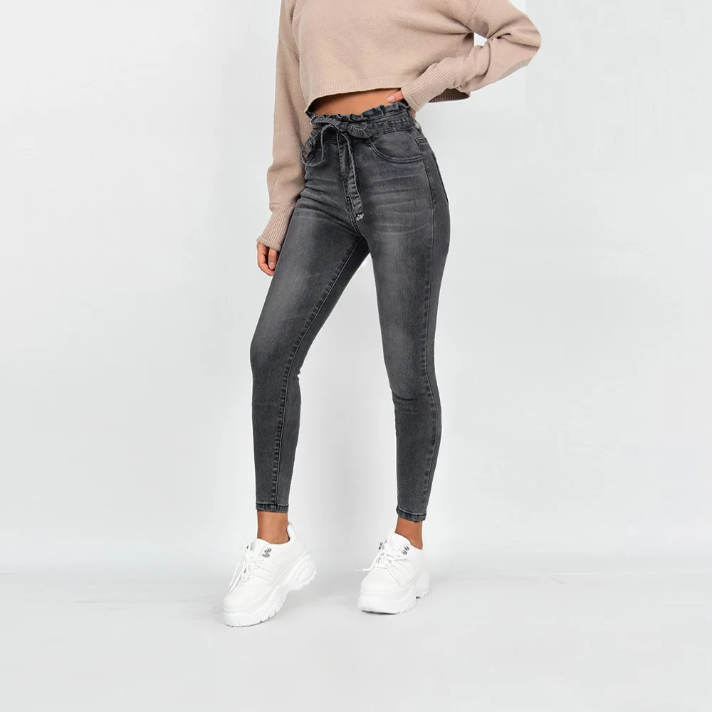 BKLD Women Fashion High Waist Bandage Gray Jeans Female Pencil Pants Jean Pants fashion Streetwear Women Skinny Jeans Denim