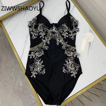 

ZIWWSHAOYU Women Summer Black Beach Wear Bathing Playsuit Ladies Mesh Stitching Embroidery Back Backless Sexy Strap Bodysuits