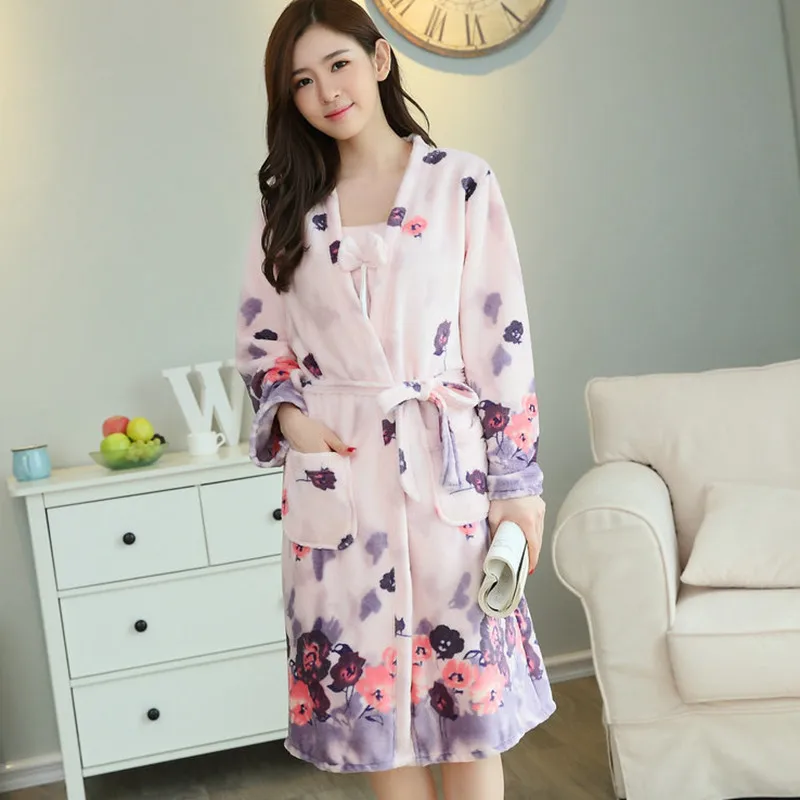 Женская домашняя одежда, фланелевый Халат, комплект кимоно из 2 предметов, Белое Яблоко, новая зимняя ночная рубашка, теплая ночная рубашка с поясом, ночная рубашка