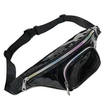 

New Punk Lady Girl Rainbow Pvc Transparent Fanny Pack Women Bum Bag Belt Bag(Black)