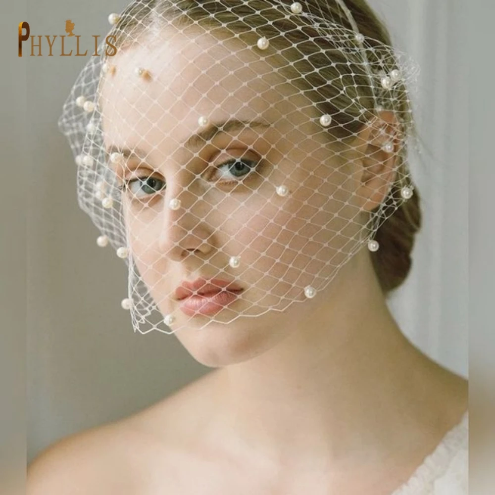 JM20 White Pearl Birdcage veil with Headband Face Net Mask Veils Charming Fascinator Blusher Veil Russian Tulle Cage Veils