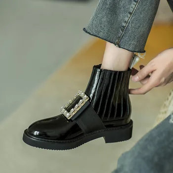 

Royesic Genuine cowhide Martin boots women's thick bottom 2020 fall British style square buckle rhinestone ankle boots women