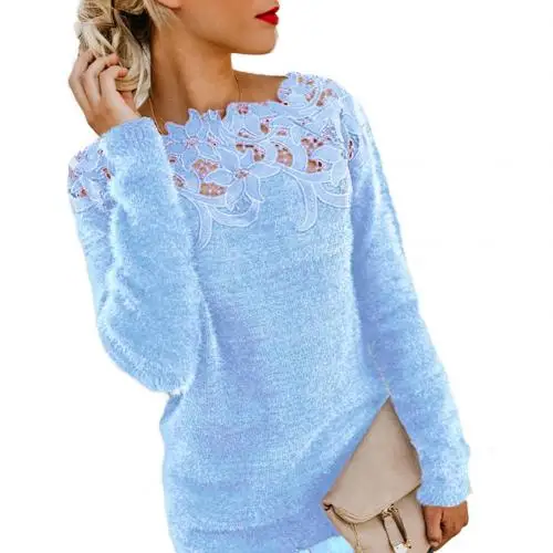 Сексуальный женский свитер размера плюс, цветочный кружевной свитер с длинным рукавом, Одноцветный джемпер, кашемировый осенний теплый Повседневный свитер, женский свитер - Цвет: Синий