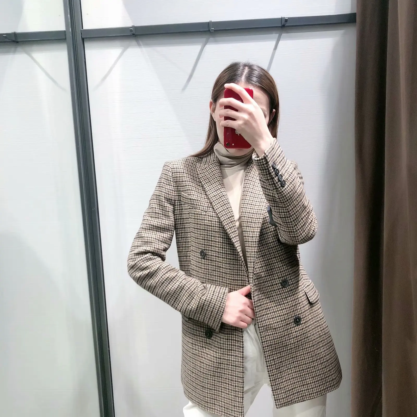 NoEnName_Null Vintage Casual Plaid Blazer Women Fashion Double Breasted Office Ladies Jacket Coat Female Notched Collar Suits 50