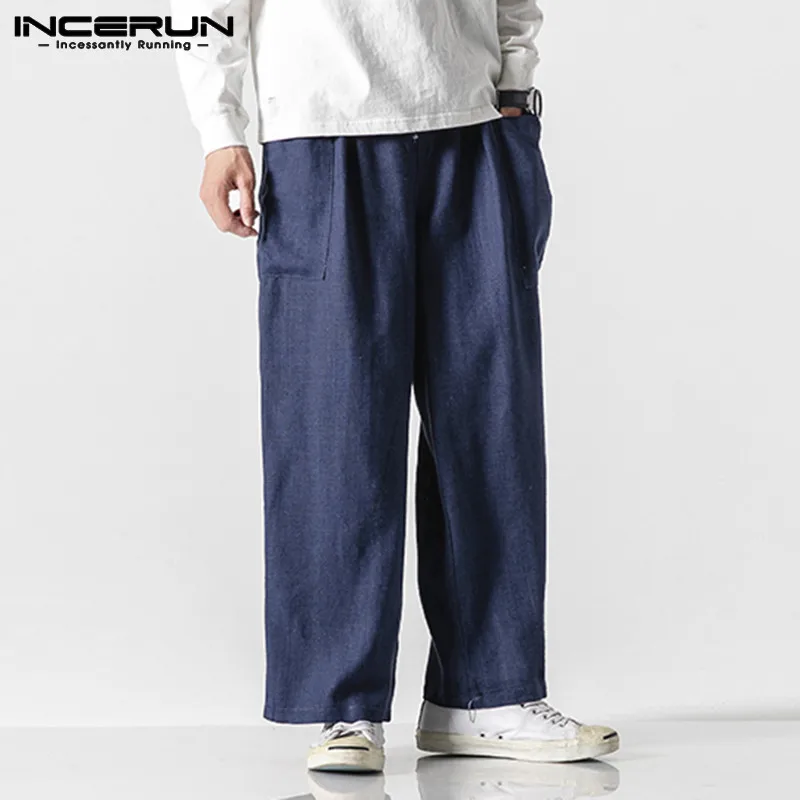 INCERUN Vintage Men Casual Wide Leg Pants Cotton Elastic Waist Pockets Joggers Retro Loose Trousers Men Street Style Long Pants