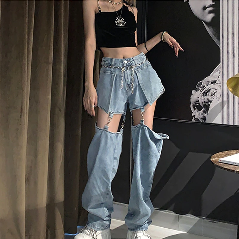 Hip Hop Denim Jeans Women Chain Pants 