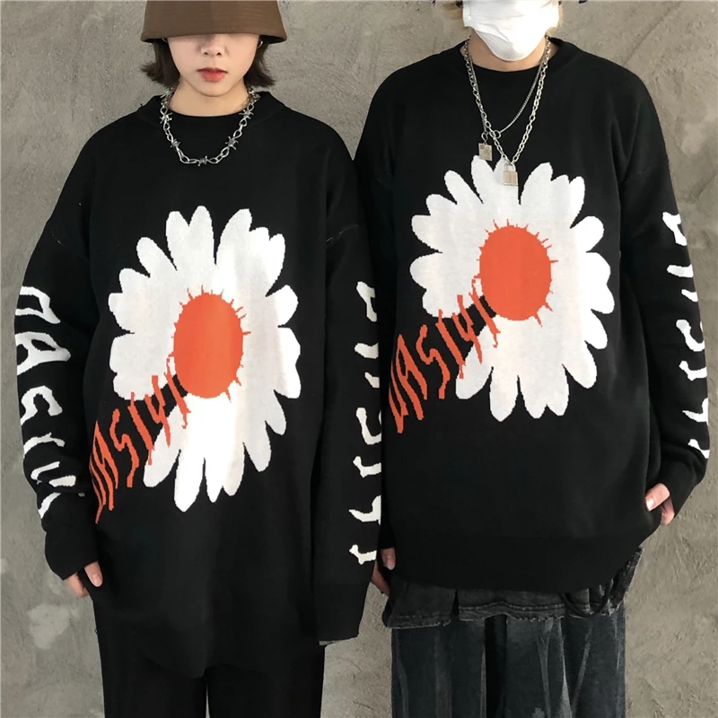 Woherb, Harajuku, контрастные цвета, свитера для женщин, осень, зима, Повседневный, черный, вязаный свитер, цветок, жаккард, для женщин, мужчин, пуловер, джемпер