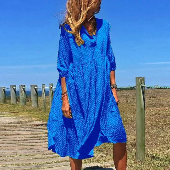 Royal Blue ELSVIOS, повседневное, v-образный вырез, цветочный принт, раздельные, вечерние, для женщин, осень, рукав три четверти, платье, сексуальное, на пуговицах, размера плюс, Платья Миди - Цвет: Royal Blue