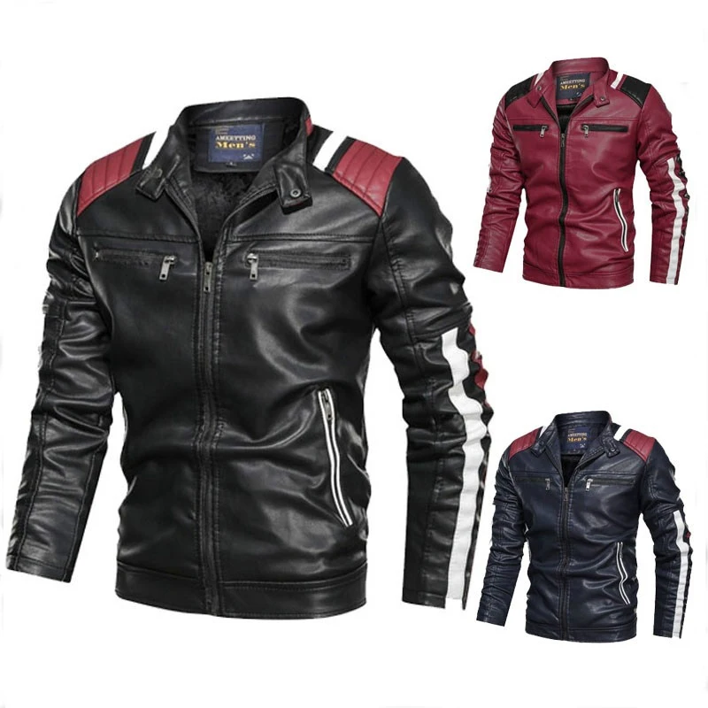 

New Spring and Autumn Men's Motorcycle Leather Jacket Warm Leather Cardigan Jacket Men's Casual Zipper PU Leather Jacket