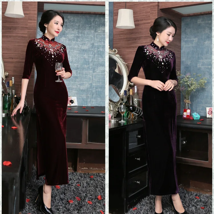 Перспективный женский со стразами Cheongsam вечерние платья Половина рукава воротник стойка сексуальное китайское современное платье Ципао