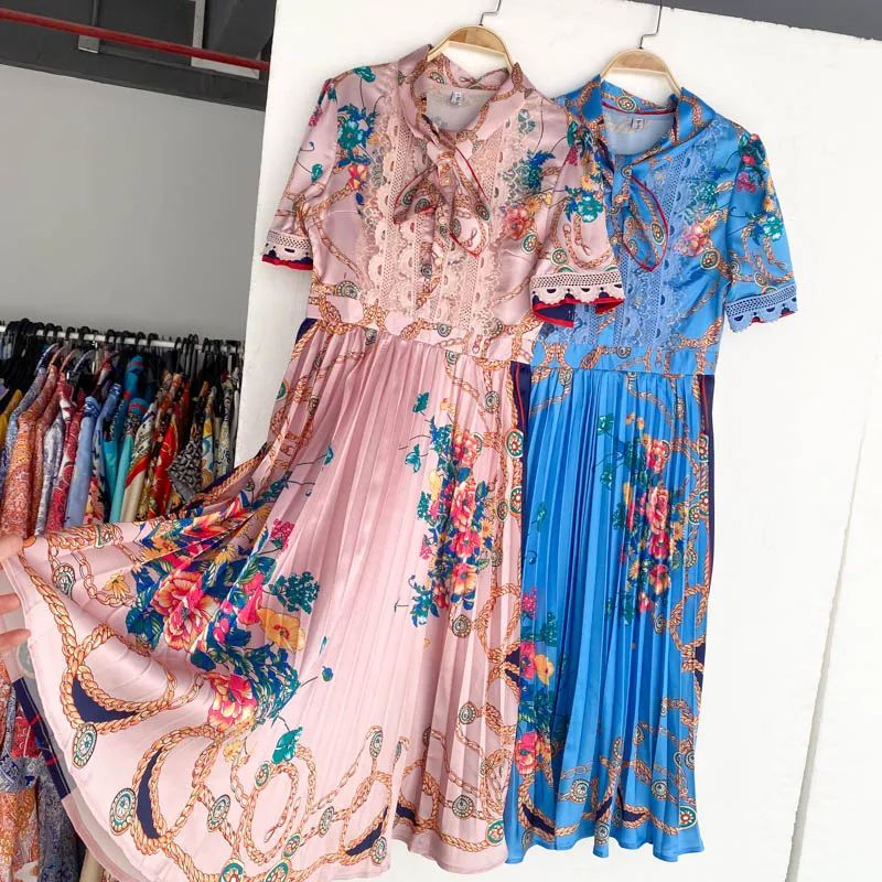 Lady New Fashion Short Sleeve Bow Collar Lace Stitching Pleated Elegant Dress Women Print High Street A-Line Vestidos H890