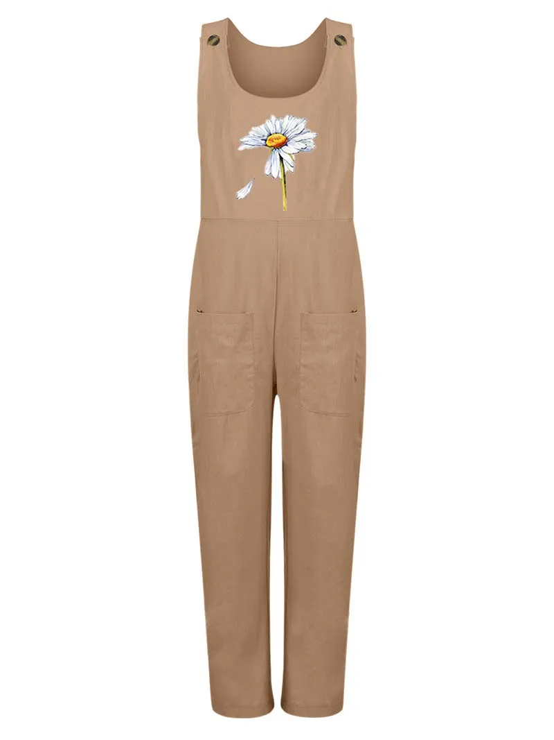 Womens Dungarees Print Rompers 2021 Summer New Ladies Casual Loose Linen Cotton Jumpsuit Sleeveless Pocket Overalls Playsuit