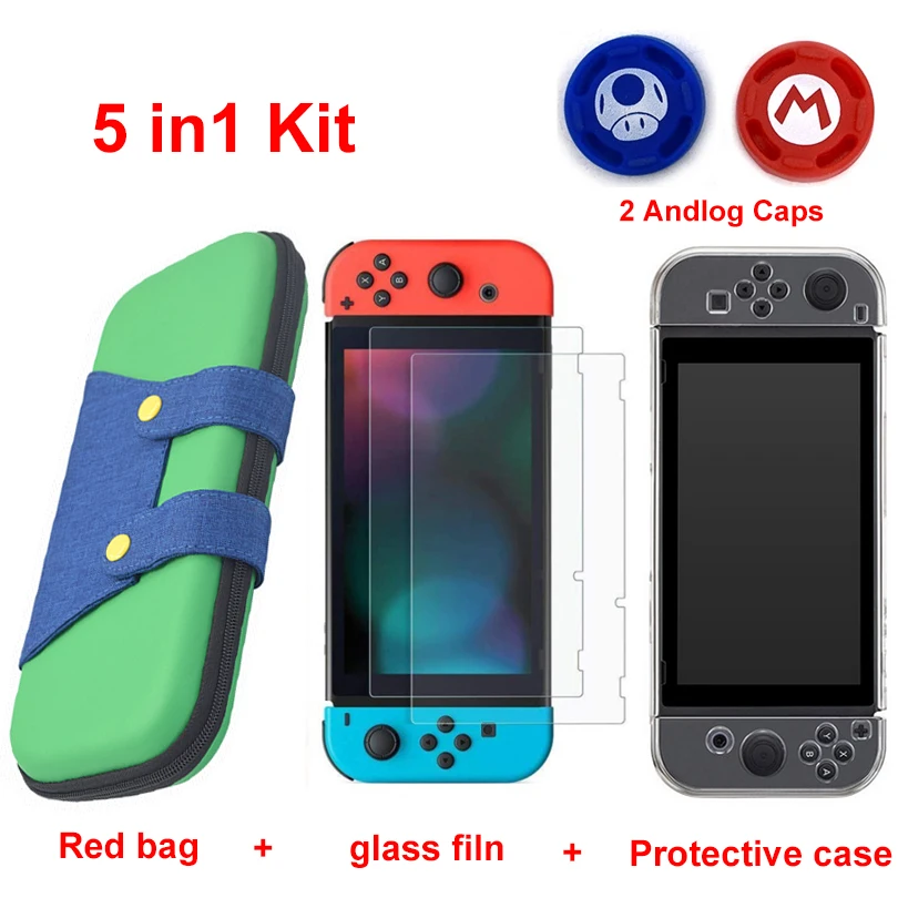 5 in 1 green 5 в 1 сумка для хранения игровой консоли для nyd Switch NS чехол для nintendo Switch+ жесткий корпус+ пленка из закаленного стекла+ 2 крышки для захвата - Цвет: 5 in 1 green