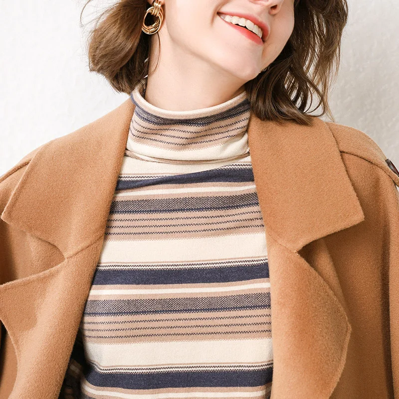 

2019 new women round neck large striped multicolor knitted sweater jumper turtleneck high quality top